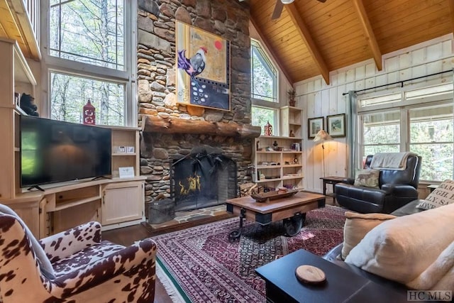 living room with beamed ceiling, wooden ceiling, a fireplace, high vaulted ceiling, and wood walls