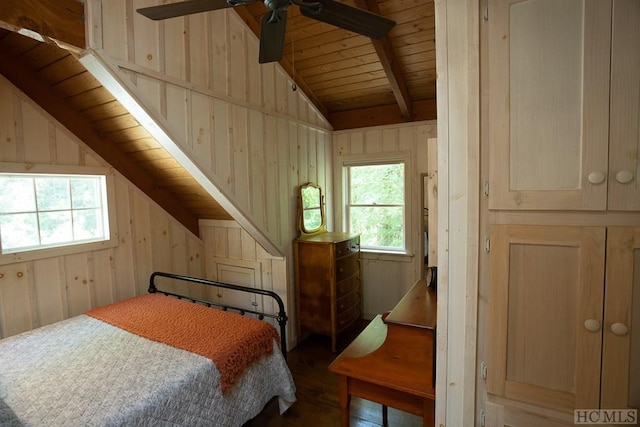 bedroom featuring vaulted ceiling with beams, wooden ceiling, wood walls, and dark hardwood / wood-style floors