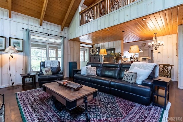 living room with a notable chandelier, hardwood / wood-style flooring, wood walls, and wooden ceiling