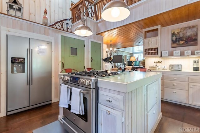 kitchen featuring hanging light fixtures, a kitchen island, wooden ceiling, appliances with stainless steel finishes, and white cabinets