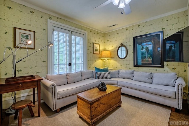 living room with ceiling fan