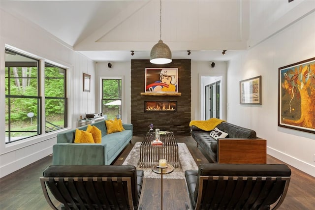 67 Chimney Overlook Dr, Scaly Mountain, NC 28775 - living room featuring plenty of natural light, a large fireplace, wood finished floors, vaulted ceiling, and baseboards