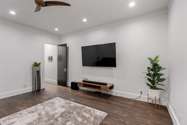 67 Chimney Overlook Dr, Scaly Mountain, NC 28775 - living room featuring wood finished floors, ornamental molding, recessed lighting, baseboards, and ceiling fan