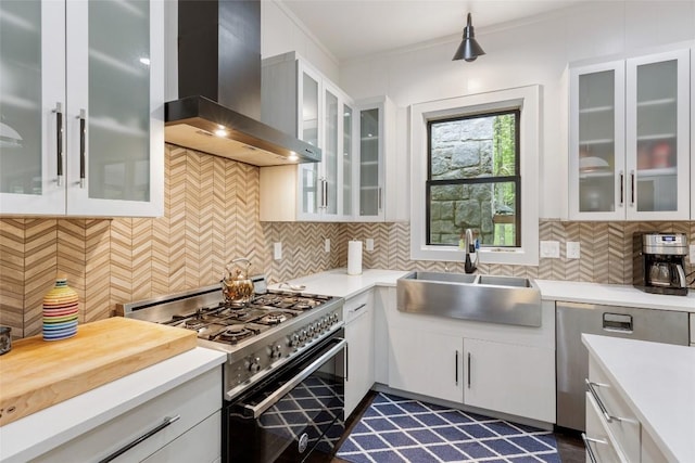 67 Chimney Overlook Dr, Scaly Mountain, NC 28775 - kitchen featuring wall chimney range hood, appliances with stainless steel finishes, a sink, and light countertops