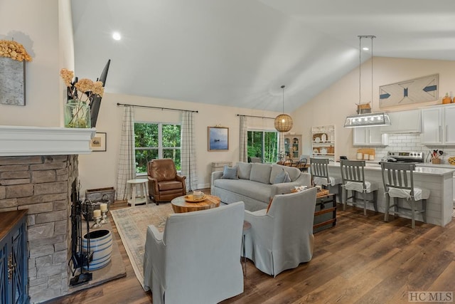 living room with a stone fireplace, dark hardwood / wood-style floors, and lofted ceiling