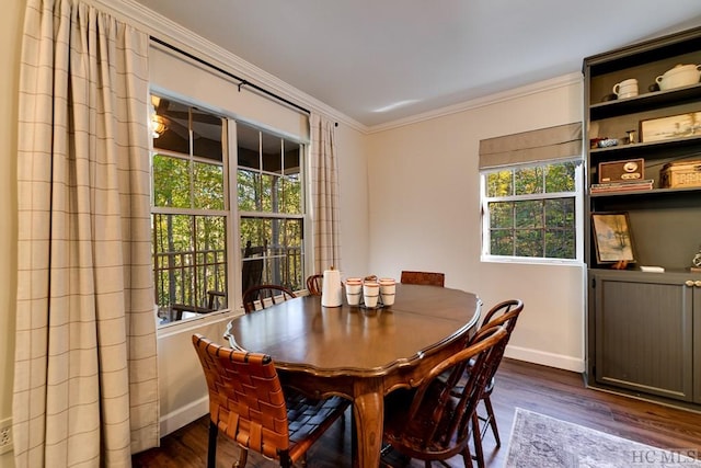 dining space with ornamental molding and dark hardwood / wood-style floors