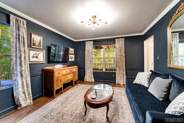 living room featuring dark wood-type flooring and ornamental molding