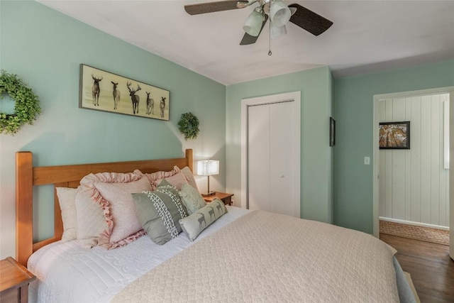 70 Rolling Acres Dr, Highlands, NC 28741 - bedroom featuring wood finished floors, a closet, baseboards, and a ceiling fan