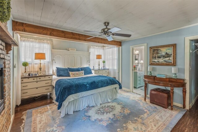 70 Rolling Acres Dr, Highlands, NC 28741 - bedroom featuring wood finished floors, wood ceiling, a fireplace, ceiling fan, and ornamental molding