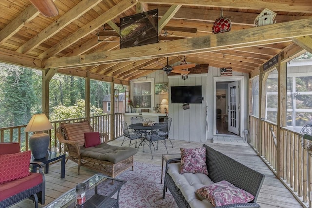 70 Rolling Acres Dr, Highlands, NC 28741 - sunroom with an outdoor hangout area, a ceiling fan, outdoor dining space, and healthy amount of natural light