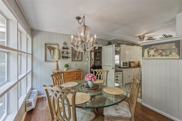 70 Rolling Acres Dr, Highlands, NC 28741 - dining room with dark wood-style floors, an AC wall unit, a chandelier, ceiling fan, and wooden walls