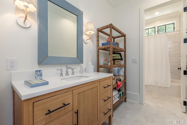 bathroom with vanity, shower / tub combo, and tile patterned floors