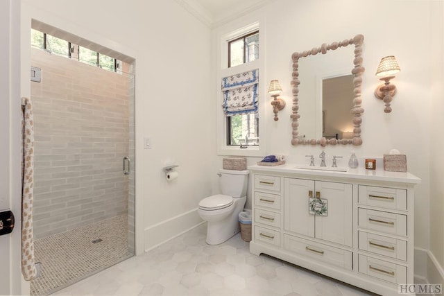 bathroom with walk in shower, tile patterned floors, toilet, crown molding, and vanity