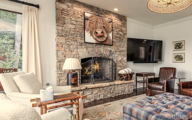 living room featuring crown molding, wood-type flooring, and a fireplace