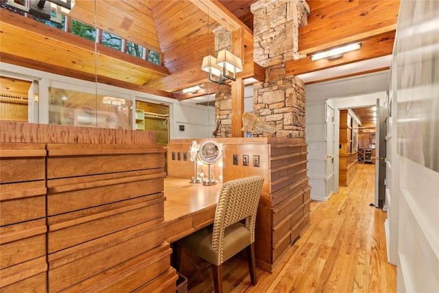749 Stillmont Cir, Cashiers, NC 28717 - dining room with wooden ceiling, light wood finished floors, and lofted ceiling with beams