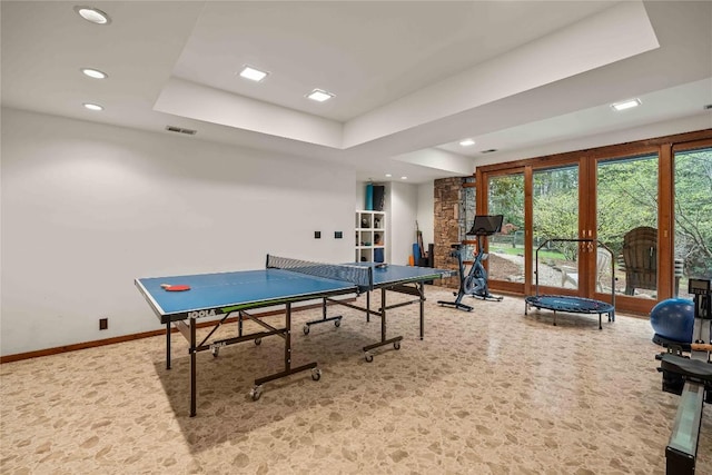 749 Stillmont Cir, Cashiers, NC 28717 - rec room featuring a tray ceiling, visible vents, french doors, and recessed lighting