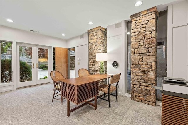 749 Stillmont Cir, Cashiers, NC 28717 - dining area featuring french doors, ornate columns, visible vents, recessed lighting, and light carpet