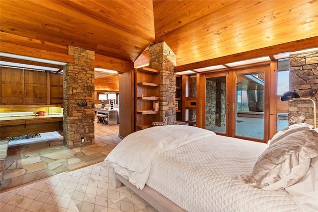 749 Stillmont Cir, Cashiers, NC 28717 - bedroom with access to exterior, decorative columns, wood walls, wooden ceiling, and vaulted ceiling