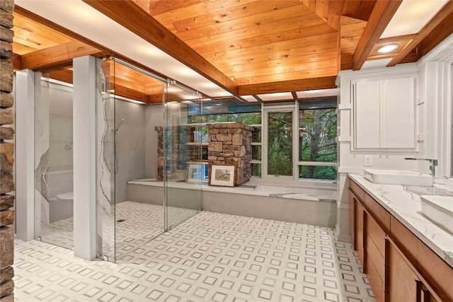 749 Stillmont Cir, Cashiers, NC 28717 - bathroom with double vanity, wood ceiling, a stall shower, a sink, and tile patterned floors
