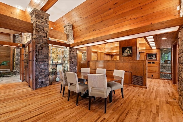749 Stillmont Cir, Cashiers, NC 28717 - dining area featuring beamed ceiling, wooden walls, hardwood / wood-style floors, and decorative columns