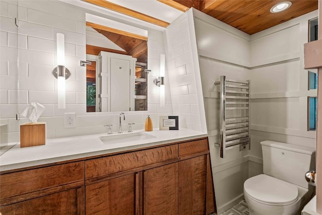 749 Stillmont Cir, Cashiers, NC 28717 - bathroom featuring toilet, radiator, vanity, decorative backsplash, and wood ceiling