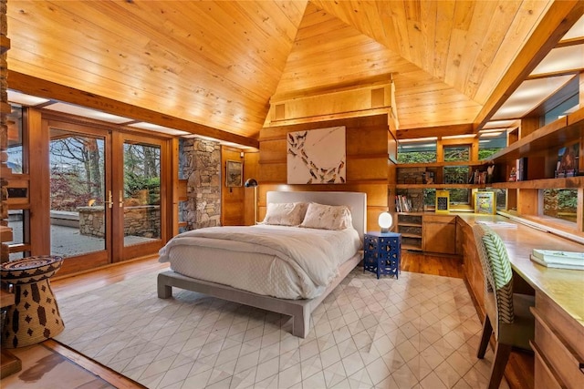 749 Stillmont Cir, Cashiers, NC 28717 - bedroom with wood walls, french doors, wooden ceiling, vaulted ceiling, and access to exterior