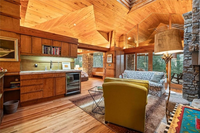 749 Stillmont Cir, Cashiers, NC 28717 - kitchen with beverage cooler, wooden ceiling, wooden walls, and brown cabinets