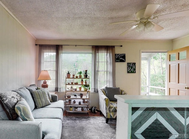 living room with ornamental molding, ceiling fan, dark wood-type flooring, and a wealth of natural light