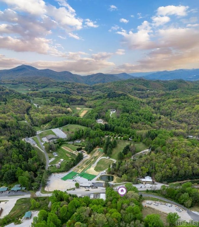 aerial view at dusk with a mountain view