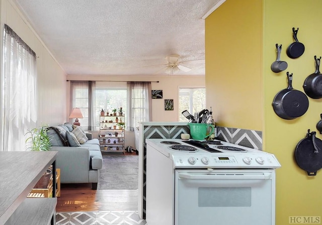 kitchen featuring a textured ceiling, electric range, hardwood / wood-style flooring, and ceiling fan