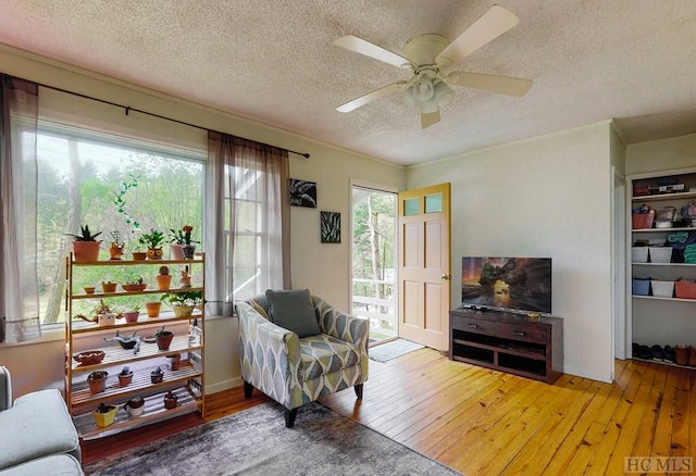 living area with ceiling fan, hardwood / wood-style floors, a textured ceiling, and plenty of natural light