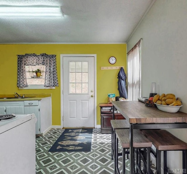 dining area with sink, crown molding, and a textured ceiling