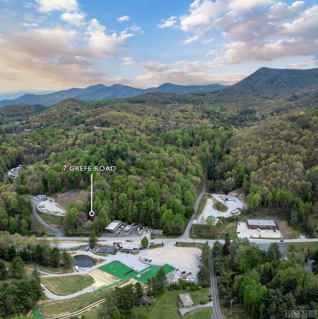 aerial view at dusk with a mountain view