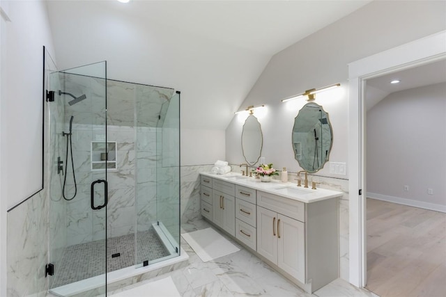 227 Sherwood Forest Rd, Highlands, NC 28741 - bathroom featuring double vanity, a marble finish shower, lofted ceiling, and recessed lighting