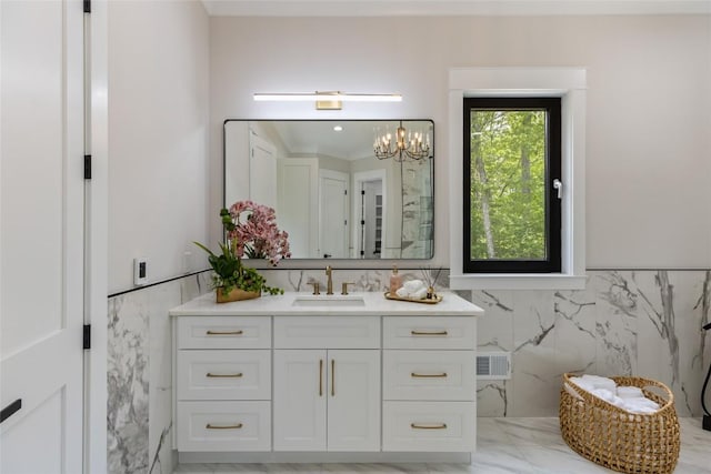 227 Sherwood Forest Rd, Highlands, NC 28741 - bathroom featuring tile walls, vanity, a chandelier, and marble finish floors