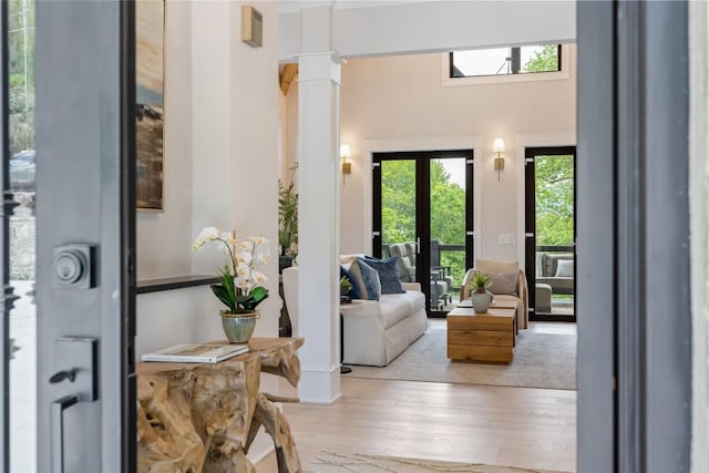227 Sherwood Forest Rd, Highlands, NC 28741 - foyer entrance with wood finished floors and decorative columns