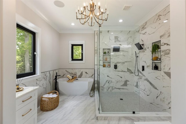 227 Sherwood Forest Rd, Highlands, NC 28741 - full bathroom featuring healthy amount of natural light, a marble finish shower, a freestanding bath, a chandelier, and tile walls