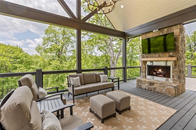 227 Sherwood Forest Rd, Highlands, NC 28741 - wooden terrace featuring an outdoor living space with a fireplace