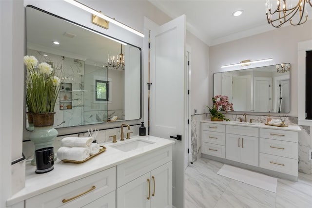227 Sherwood Forest Rd, Highlands, NC 28741 - full bathroom featuring a chandelier, a marble finish shower, two vanities, marble look tile flooring, and crown molding