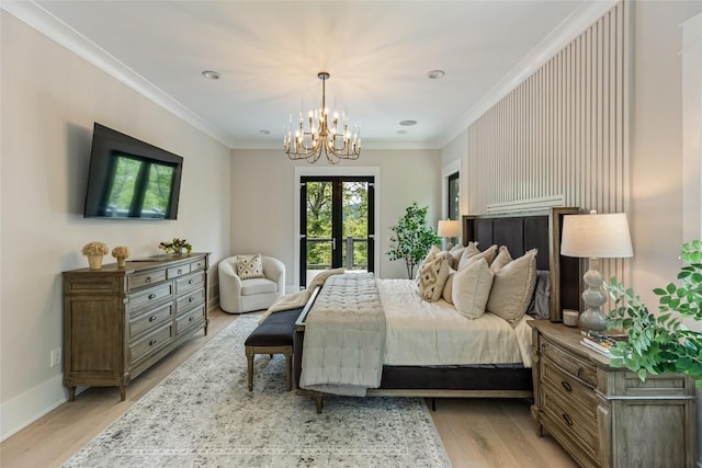 227 Sherwood Forest Rd, Highlands, NC 28741 - bedroom featuring a chandelier, light wood-style flooring, crown molding, baseboards, and recessed lighting