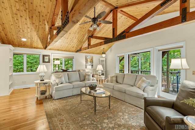 living room with high vaulted ceiling, wood ceiling, light hardwood / wood-style floors, plenty of natural light, and beam ceiling