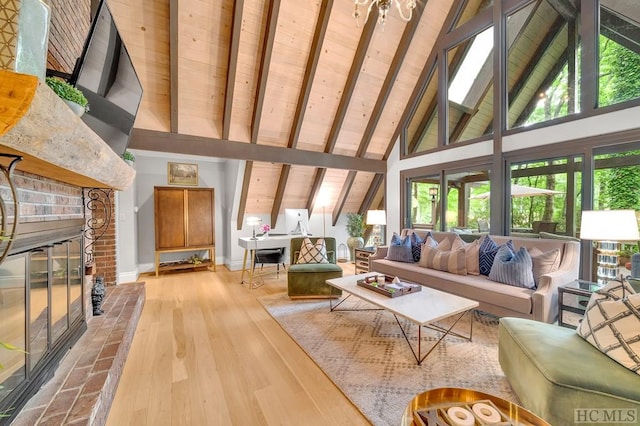 living room featuring a brick fireplace, light hardwood / wood-style flooring, beam ceiling, wooden ceiling, and high vaulted ceiling