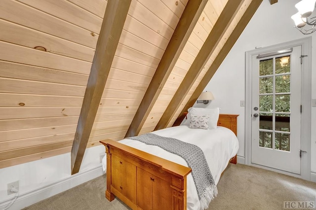 bedroom with light colored carpet, lofted ceiling with beams, and wood ceiling