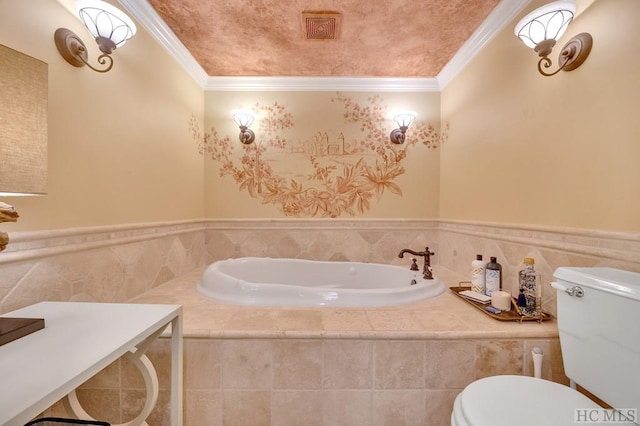 bathroom with toilet and crown molding