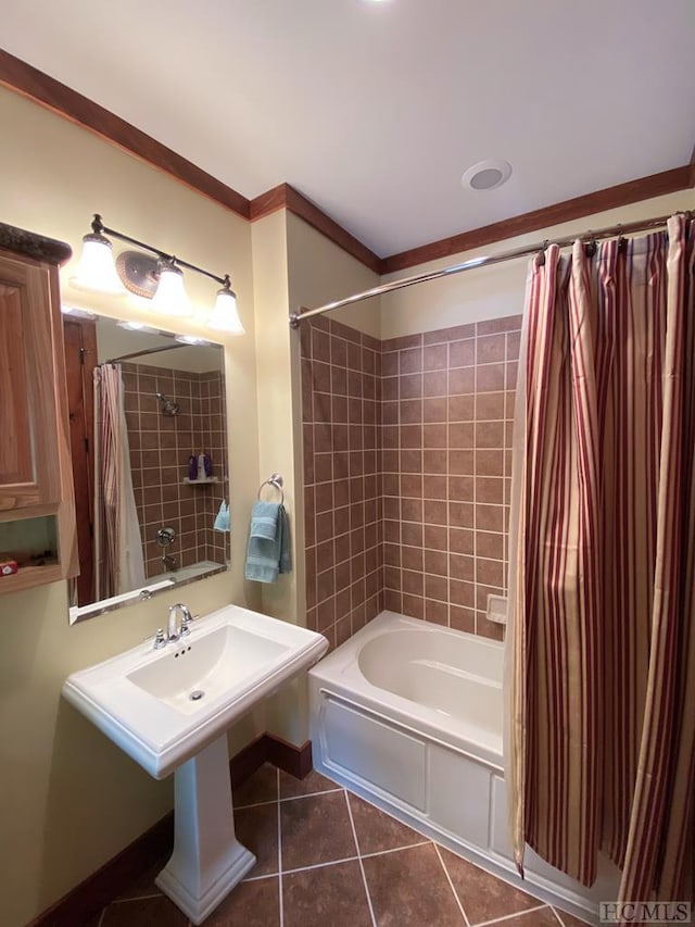 bathroom with shower / bathtub combination with curtain, ornamental molding, and tile patterned floors