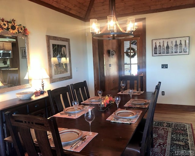 dining space featuring lofted ceiling, a notable chandelier, wood ceiling, and wood-type flooring