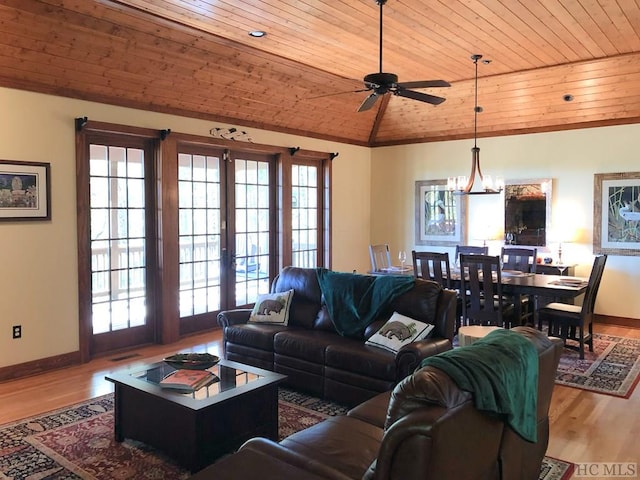 living room with french doors, ceiling fan with notable chandelier, hardwood / wood-style floors, and wooden ceiling