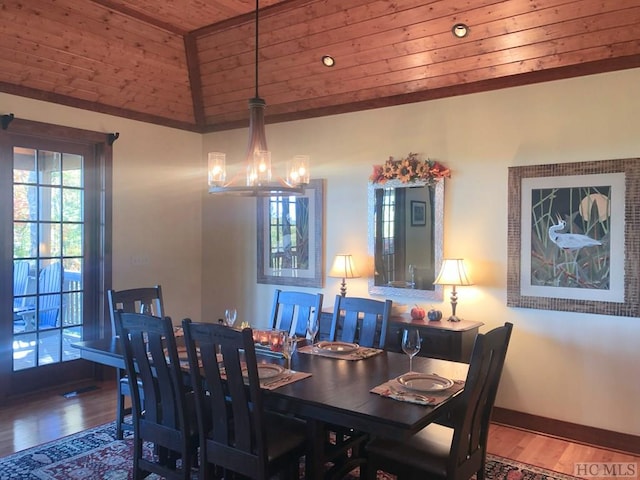 dining space with a notable chandelier, wood-type flooring, vaulted ceiling, and wooden ceiling