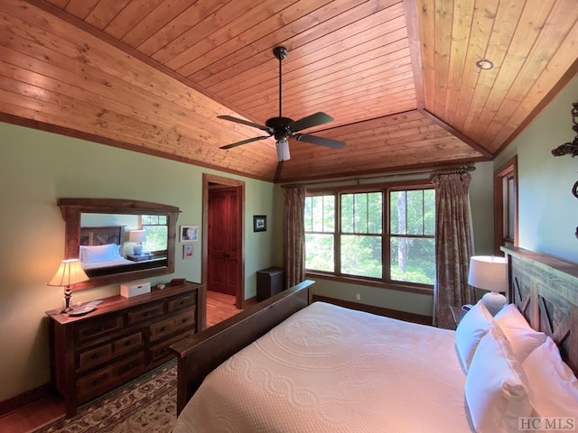 bedroom featuring vaulted ceiling, wooden ceiling, and ceiling fan