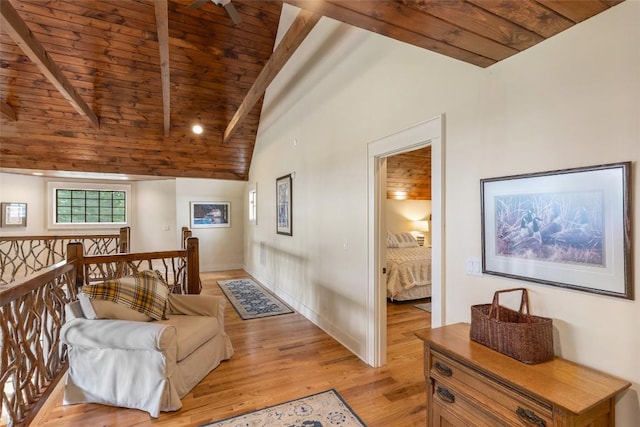 50 Bluestar Way, Glenville, NC 28736 - living area with a wooden ceiling with exposed beams, light wood-type flooring, an upstairs landing, and high vaulted ceiling